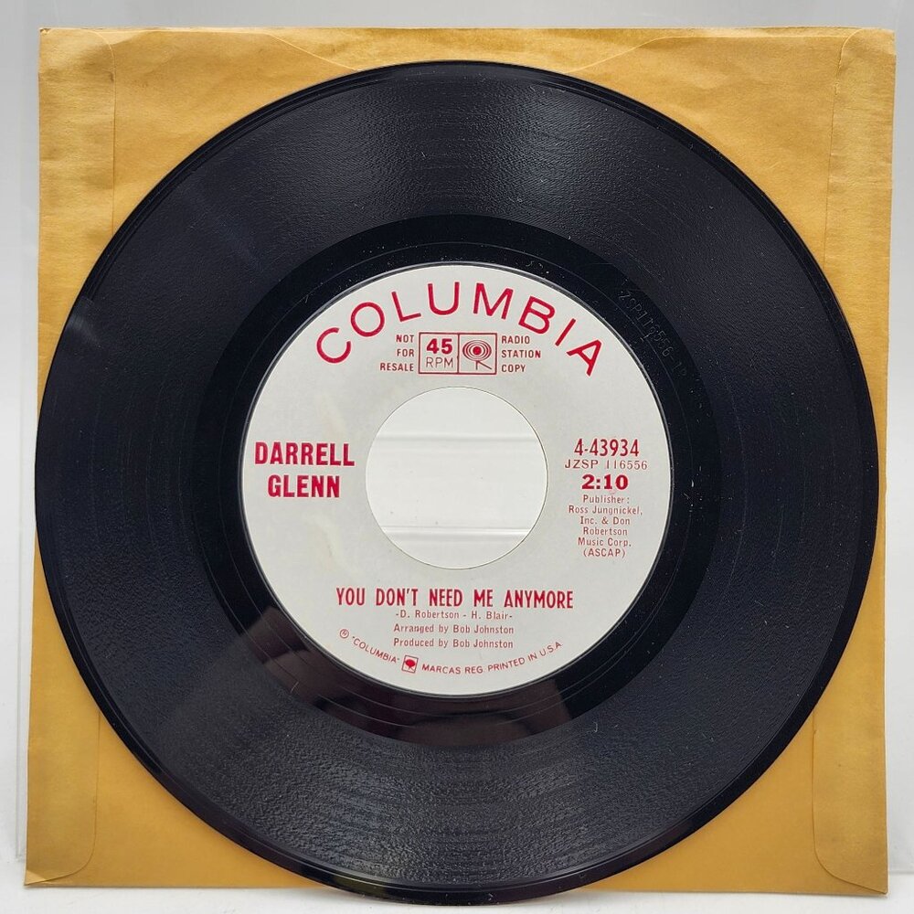 Darrell Glenn You Don't Need Me Anymore Born St Louis 1966 Columbia Promo 45 RPM